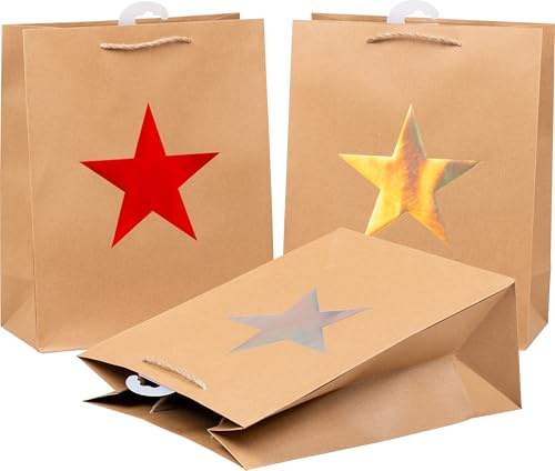 HEKU XL-Geschenktaschen mit Metallic Stern-Motiv in 3 Farben (rot, gold, silber) I Hochwertiges Papier I Ideal für Weihnachten und besondere Anlässe I Kordelband inklusive I 33x26x13 cm - 24 Stück Set