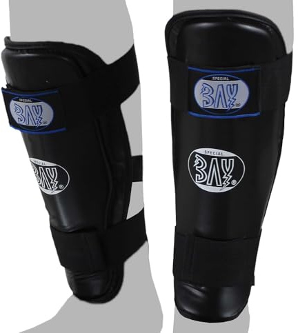 BAY Komfort Vollkontakt Schienbeinschutz schwarz Schienbeinschoner Pu Leder Safety Kampfsport, Kickboxen, Kick-Boxen, Thaiboxen, Karate, Taekwondo, XXS - XXL Kinder Jugendliche Erwachsene Herren Damen