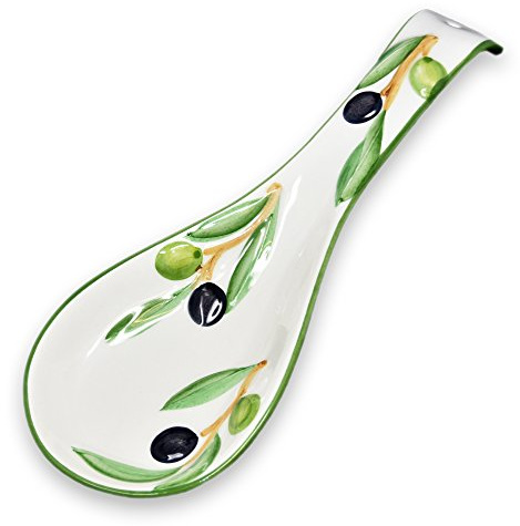Lashuma Handgemachte Löffelablage aus Italienischer Keramik, Kochlöffelablage Reliefdekor im Oliven Design, Löffelhalter 28 cm