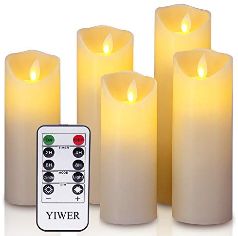 LED candles 5.5/6/6.5/7/8Set of 5 Real Wax Battery Flameless Candles Include Realistic Dancing LED Flames and 10-key Remote Control with 2/4/6/8-hours Timer Function,300+ Hours-YIWER (5x1,Ivory)