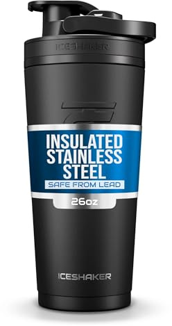 Ice Shaker Insulated Stainless Steel Shaker Bottle | 26oz, Black | Cold for 30+ Hours | Insulated Cup with Twist-on Agitator | Odor-Free Bottle for Protein Shakes, Water, Smoothies, Cocktails