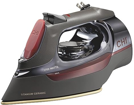 CHI Steam Iron for Clothes with 8’ Retractable Cord, 1700 Watts, 3-Way Auto Shutoff, 400+ Holes, Professional Grade, Temperature Control Dial, Titanium Infused Ceramic Soleplate, Black/Chrome (13109)