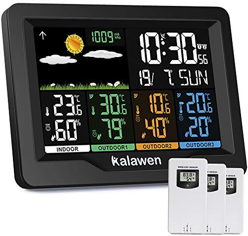 Kalawen Wetterstation mit 3 Außensensoren Innen und Außen Multifunktionale Funkwetterstation Farbdisplay Digital mit Thermometer Hygrometer DCF-Funkuhr Weather Station für Zuhause Büro Hausgarten