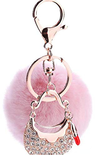 Schlüsselanhänger plüsch Ball glänzend Mini Tasche Strass Taschenanhänger Plüsch-Kugel Autoschlüssel -Anhänger Pompom Weich Schlüsselring bommel Keychain Handtaschenanhänger Dekor (Pink)