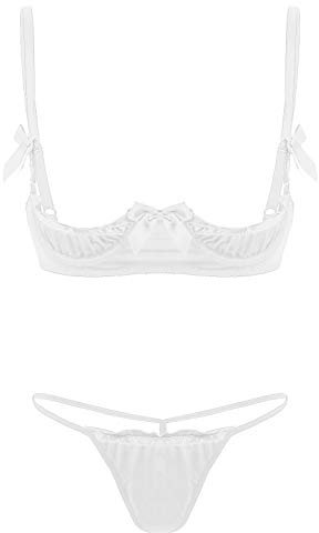 CHICTRY Womens 2Pcs Lingerie Set 1/4 Scalloped Cups Underwired Bra Top with G-String Briefs White One Size