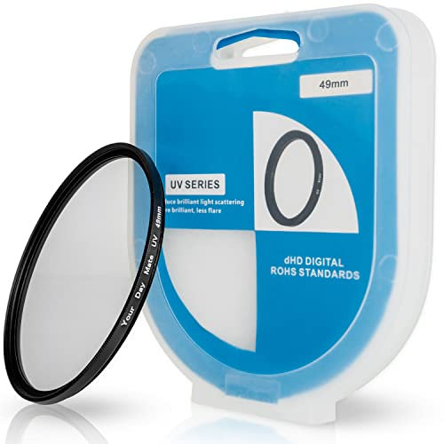 Filtre UV avec étui, Ø 49 mm, Universellement Compatible avec Nikon, Canon, Sony, Filtres en Verre pour Objectif d'appareil Photo, Bloque Les Rayons ultraviolets, Housse de Protection, UV Filter