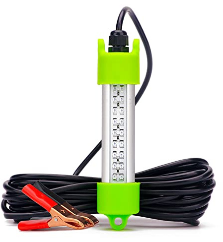 LOSTCAT 18W DC 12V Green IP68 Waterproof Aluminum Super Bright LED Fish Bait Submersible Dock Underwater Fishing Light Attractants for at Night Snook Crappie with Battery Clamps
