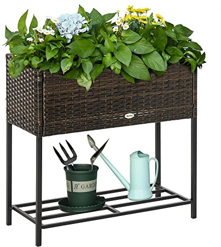 Outsunny Poly Rattan Hochbeet Blumenkasten mit Füßen Rattan Blumenkasten Blumentopf mit Ablage Braun 70 x 30 x 70 cm