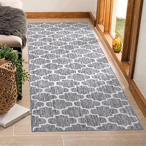 payé Outdoor Teppich Wetterfest - 80x250cm Läufer - Grau Weiß - Netz Raute - Teppiche für Terrasse Balkon Garten Indoor