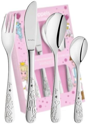 Schmalz Kuppels Kinderbesteck „Prinzessin“ mit Namensgravur – 4-teiliges Edelstahl-Besteckset für Jungen und Mädchen ab 3 Jahren, personalisiert (Prinzessin)