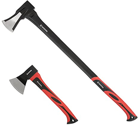 INTERTOOL Wood Splitting Maul and and Hatchet Combo Set - 35-inch Axe and 15-inch Camping Chopping Hatchet with Shock Absorbing Fiberglass Handles with Blade Protectors HT-0275-0261