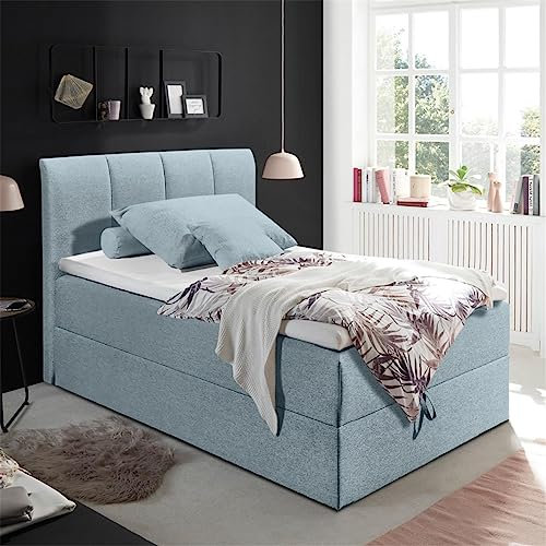 Lomadox Polsterbett 120x200 cm mit Bettkasten | Jugendbett in Pastellblau