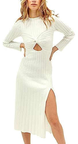 Women Knit Dress Y2k Plain Long Sleeve Ribbed Twist Knot Cut Hollow Out Party Dress Fall Pullover Long Dress (White, L)