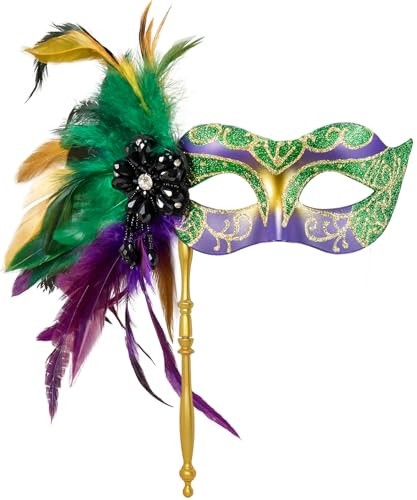 MYSEUNI 2024 Neue Maskerade Maske für Frauen mit Stab - Glänzende Damen Feder Karneval Venezianische Maske für Kostüm Zubehör