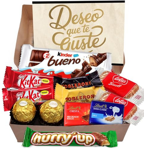 Scatola Regalo LINDOR + FERRERO con Fino a 12 Cioccolatini Kinder Bueno, Toblerone, Kit Kat, Biscotti Lotus Biscoff e Cioccolato Hurry Up · Con Cartolina Personalizzata