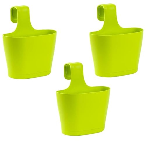 Engelland 3 x Blumentopf zum Auf-Hängen, Geländertopf, Grün, Hängetopf, Balkon-Kasten, oval, Übertopf, Pflanzkasten, mit Wasserspeicher/Wasserauffangschale, 2,8 Liter