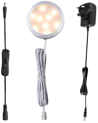 AIBOO 12V LED Kitchen Under Cabinet Lighting Plug in, with Manual Switch, Single LED Puck Light for Under Cupboard Wardrobe Cabinet Closet Kitchen, 12Vdc Low Voltage Display Light, Warm White