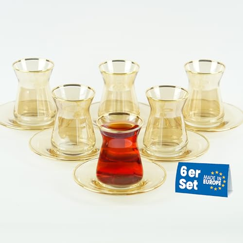 Lyros Türkische Gold Teegläser Set - 6er Pack, Glas & Untersetzer golden verziert, Goldenes Glas, Handverarbeitet