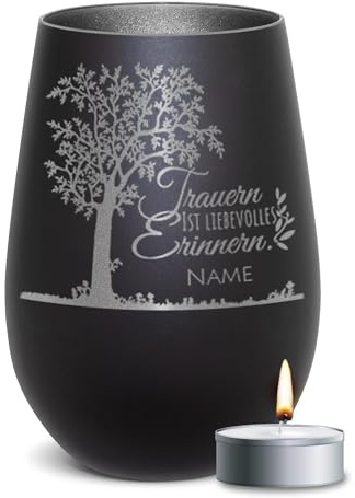 PR Print Royal Trauer Windlicht mit Gravur - Trauern ist liebevolles Erinnern - mit Name gravieren - Trauergeschenk, Gedenklicht, Geschenke für Trauernde | inkl. Teelicht, 450 ml, Schwarz/Silber