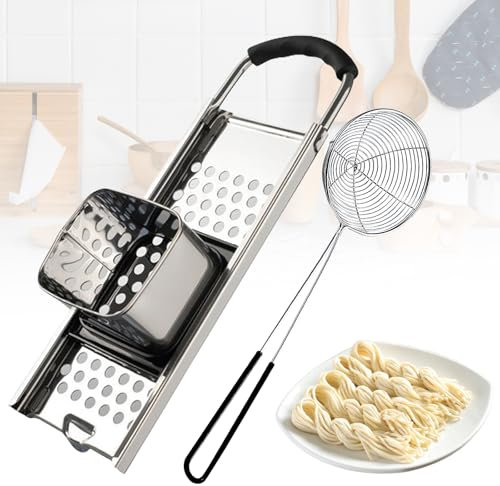 Spätzlehobel Edelstahl Spätzle,Knöpfle+cucharón,Rallador de acero inoxidable para preparar Spätzle,Rallar y Cortar Pasta Casera,con Empujador de Seguridad y Mango de Goma