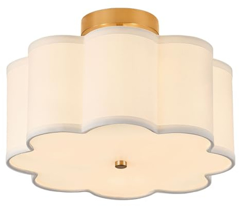 Giutna 13.3Semi Flush Mount Ceiling Light Fixture, 3-Light Modern Close to Ceiling Light With Fabric Flower-Shaped Shade, Light Fixtures Ceiling Mount for Bedroom Nursery Kids Room Living Room(Gold)