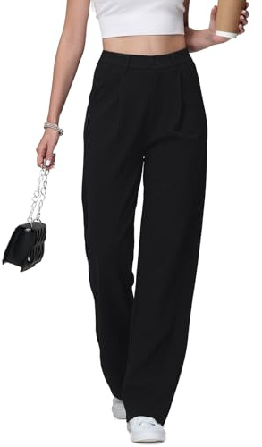 HMIYA Weite Hosen Damen Lässig Gerade Stoffhose Business Elegant Dünne Herbst Hose mit Tasche,Schwarze,L/32L