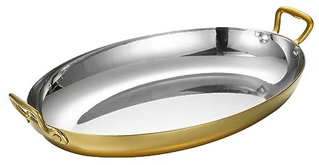 Acciaio Inox 304 Spagnolo Padella Per Paella, Antiaderente Non Rivestito Padella Per Frutti Di Mare Ovale Piatto Per Aragoste Maniglie Rivettate Per Case O Ristoranti, 30cm,Gold