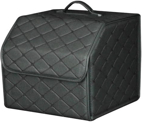 Car Boot Organiser,Trunk Organizer, Foldable Tidy Storage Box Waterproof PU Container for SUV/Truck/Auto- Gift Idea (Black Black Line, S(33X32X30CM))