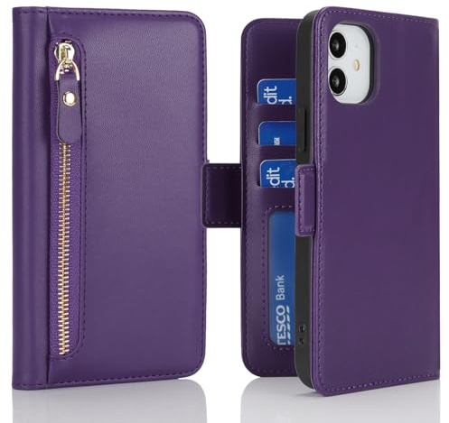 Ｈａｖａｙａ Hülle für iPhone 11 mit Kartenhalter und Standfunktion Klapphülle PU Leder Flip Kompatibel mit iPhone 11 Hülle Reißverschluss geldbörse - Dunkelviolett
