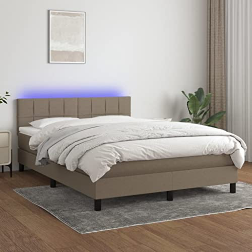 KOIECETA Bettgestell Einzelbett Polsterbett Bett Hotelbett Lattenrost Bettrahmen Schlafzimmerbett Boxspringbett mit Matratze & LED Taupe 140x200 cm Stoff