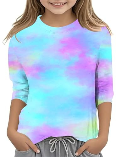 T Shirt Manche mi Longue Enfant Fille 3-14 Ans Tee Shirt Ado Fille été a la Mode Mignon Haut Top Fille Chic Pas Cher Leger Confortable Casual Jogging Vacances Chemisier (Sky Blue, 9-10 Years)