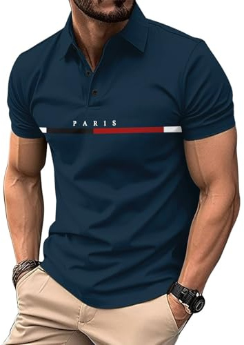 Rayson Polo Hombre Manga Corta Básico con Rayas Polo de Golf Slim Fit Camisa de Verano Ligera y Transpirable Poloshirt Casual((Azul Marino,L)