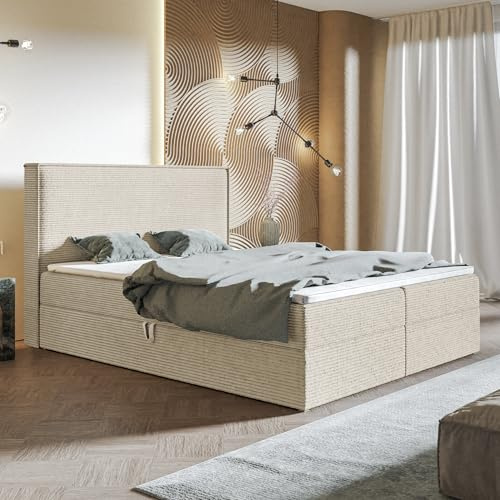 MOTIVENA Bari Boxspringbett 160x200 Creme Cord, mit Bonellfederkern-Matratze (H4), mit T28 Komfortschaumstoff Topper (H3), Boxspringbett 160x200 mit Bettkasten Beige (Creme)