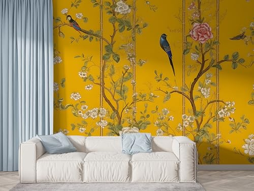 Blumenzweige Vogel Tapete, Retro-Blumen Fototapete, Gelb Wandpapier, Vliestapete Selbstklebende Wand Deko, Motivtapeten Schlafzimmer Wohnzimmer, Abziehen & Aufkleben, 200x140 cm - S-679