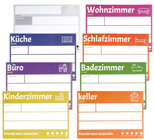 80 Stück Große Umzugsetiketten, Umzugsaufkleber zum Beschriften 10,5x14,8cm | Universal Selbstklebend Klebeetiketten von Umzugskartons, Bunt Eetiketten für Übersicht Beim Umzug, Umzugshelfer, 8 Farben