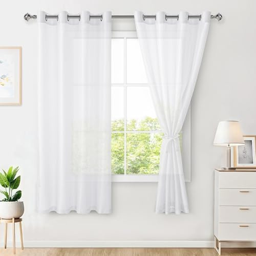 Hiasan Gardinen mit Ösen Vorhänge Wohnzimmer Transparent Weiß H145xB140cm | 2er Set, Ösenvorhang Gardine Vorhang aus Polyester Voile, sanftes Licht moderne Dekoschal für Wohnzimmer Schlafzimmer