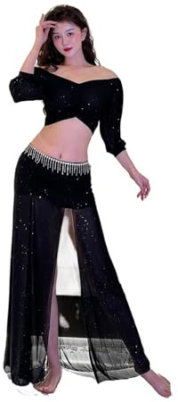 JTKSSCS Bauchtanz Kostüm Damen Bauchtanz-Set for Erwachsene, trägerlos, Top, Rock, Damen, Trainingskleidung, Anfänger, Leistungsklasse, Tanzanzug(Black,XXL)