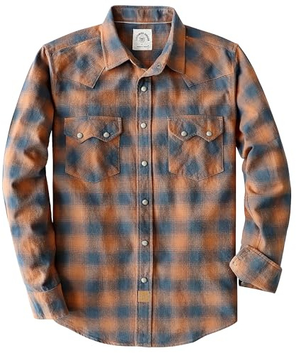 Dubinik® 6.3 oz Camicia Flanella Uomo Western Plaid Manica Lunga Vintage Bottoni a Pressione Doppia Tasca Azzurro e Arancione L