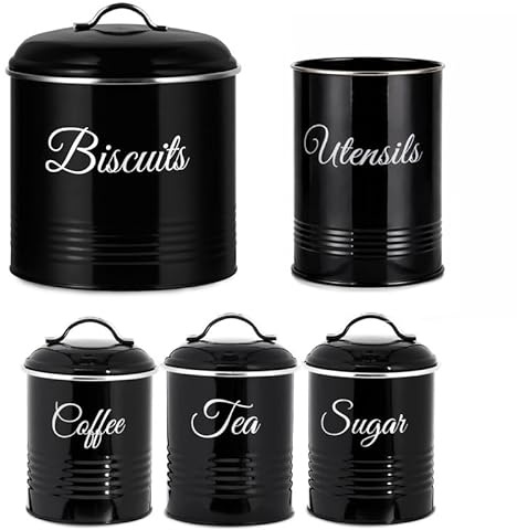 Innoteck 5 Pc Kitchen Canister Set – Airtight Biscuit Tin, Tea, Coffee, Sugar & Utensil Storage – Durable Powder-Coated Tin with Stylish Grey & White Design, Black