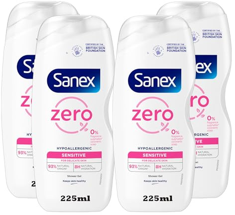 Sanex Zero Sensitive Hypoallergenic Shower Gel, 0% Fragrance & Sulphates, 93% Natural Origin, For Delicate Skin
