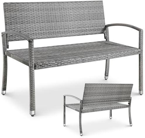 LIFERUN Gartenbank Wetterfest, Balkon Bank, Polyrattan Sitzbank Outdoor, 2 Sitzer Gartenbank Rattan, 320kg Belastbar, 122x62x90cm, Gemütliche Gartenmöbel Bank, Doppelseitiges Rattan Sitzbank, Grau