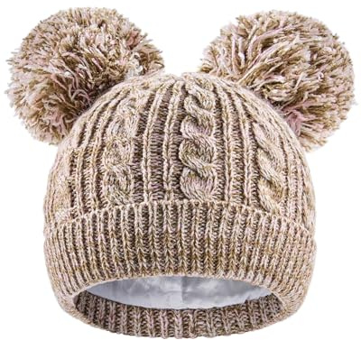 Century Star Kids Toddler Winter Hat- Satin Lined Beanie with Pom Pom Warm Knit Cap for Girls Boys Khaki One Size