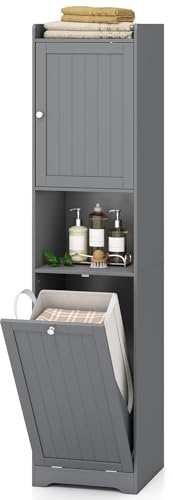 LIFEZEAL Badezimmerschrank, Hochschrank mit Wäschekorb & Regal, Schmaler Badschrank mit verstellbaren Ablagen, Mehrzweckschrank Aufbewahrungsschrank für Badezimmer, Wohnzimmer, Schlafzimmer (Grau)