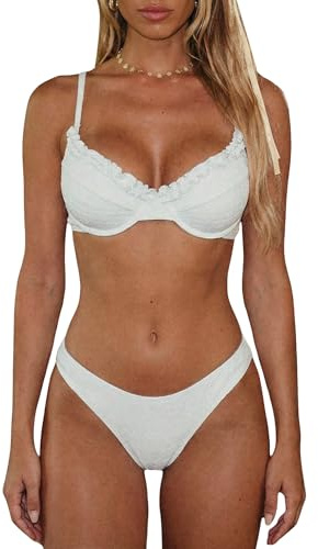 SHENHE Women's Underwire Bikini Set High Cut Frill Trim Adjustable Strap 2 Piece Swimsuits White Large