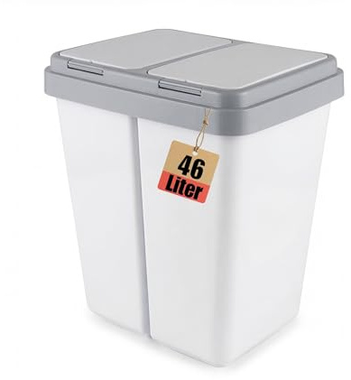 BigDean Zweimer Duo Müllbehälter mit Deckel 2 x 23 Liter, Kunststoff Mülleimer für die Küche Geruchsdichter Abfalleimer Mülltrennsystem, ca. 45 x 33 x 51 cm