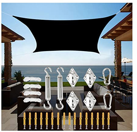 2x3m 3x5m Black Sun Shade Sail Rectangle Sun Sail Canopy Sunscreen Awning with 4 Ropes and Stainless Steel Hardware Kit, for Patios Yard Garden Outdoor Activities