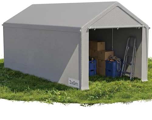 QEENTOE Lagerzelt 3x6 m Wasserdicht Reißfest, Stabiler Industriezelt Garagenzelt mit geschlossenen Wänden, Robuste PVC & PE-Plane für Lagerung Auto und Außenbereich Grau