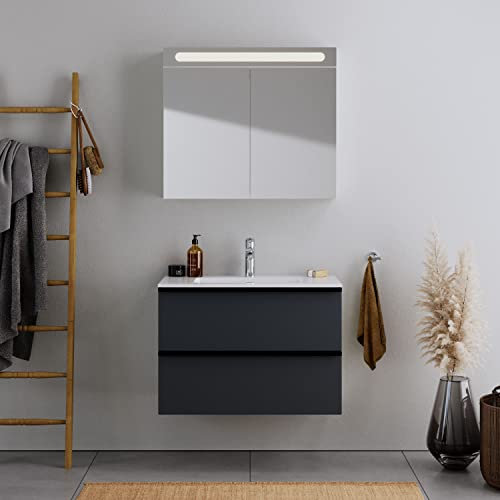 DURAVIT Badmöbel-Set DuraPoint 80cm hängend mit Einbauwaschbecken in Graphit matt Waschbecken mit Waschtischunterschrank mit 2 Schubladen, vormontiert
