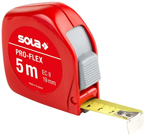 SOLA PRO-FLEX - Bandmaß 5m / 19mm - Taschenbandmaß mit Gürtelclip - Stahlband, gelb lackiert mit mm Skala - Genauigkeitsklasse II - Rollmeter mit beweglichem Endhaken - Metermaß Länge - 5m/19mm