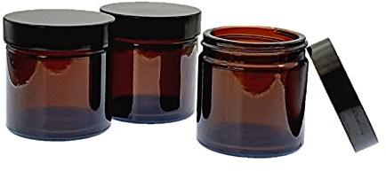 Avalon Cosmetic Packaging - PACK of 3 - Empty AMBER Glass Refillable 60ml Jars with Black Urea Airtight Lids for Aromatherapy Blends/Creams/Candlemaking/Sample Jars Pots